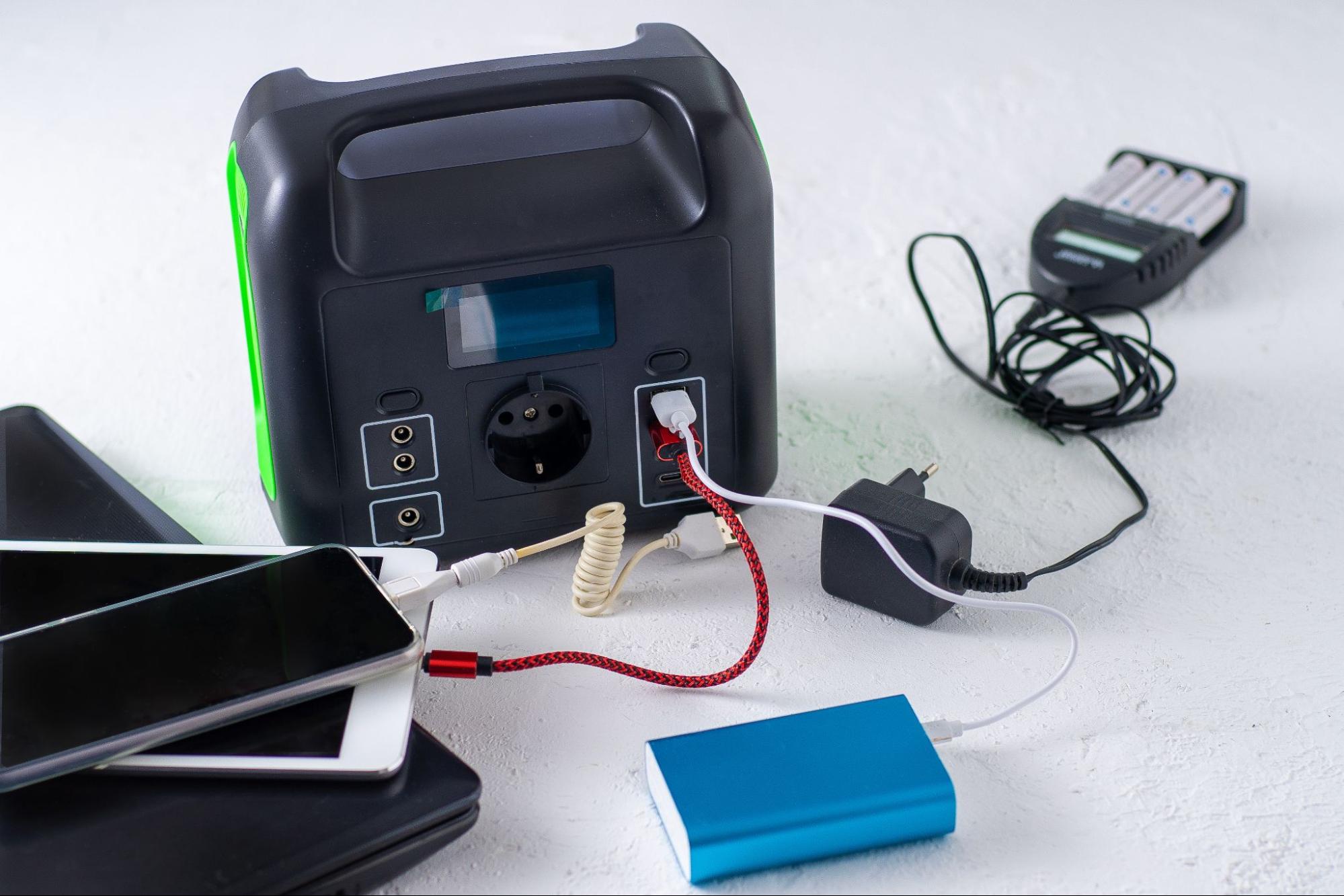 A charging station featuring a blue power bank with multiple gadgets connected for simultaneous charging.