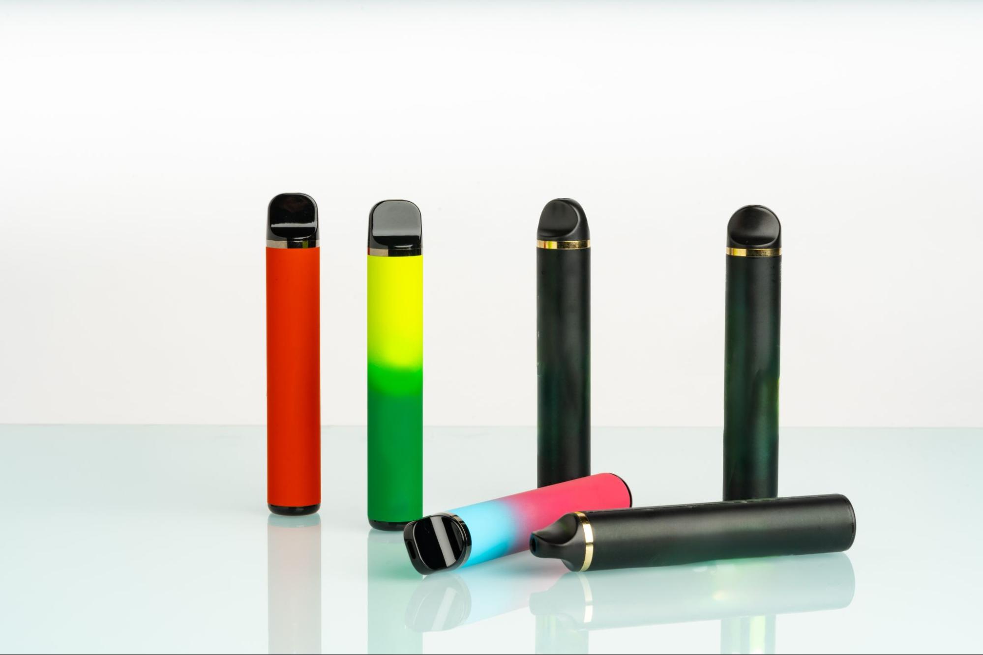 Multi-colored disposable vape pens.