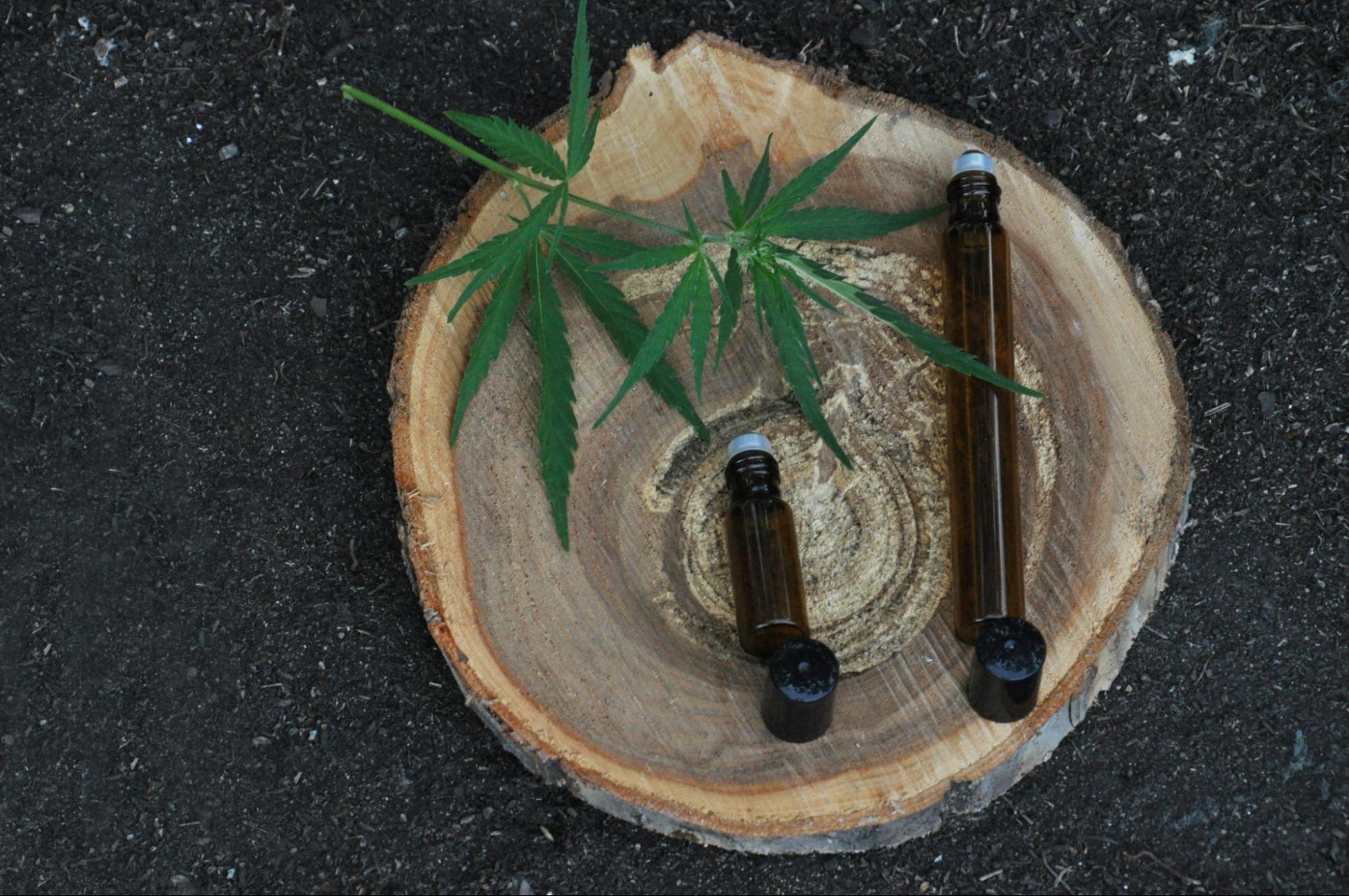 Two long cylindrical brown bottles of marijuana concentrates on top of a wood stump along with a cannabis leaf.
