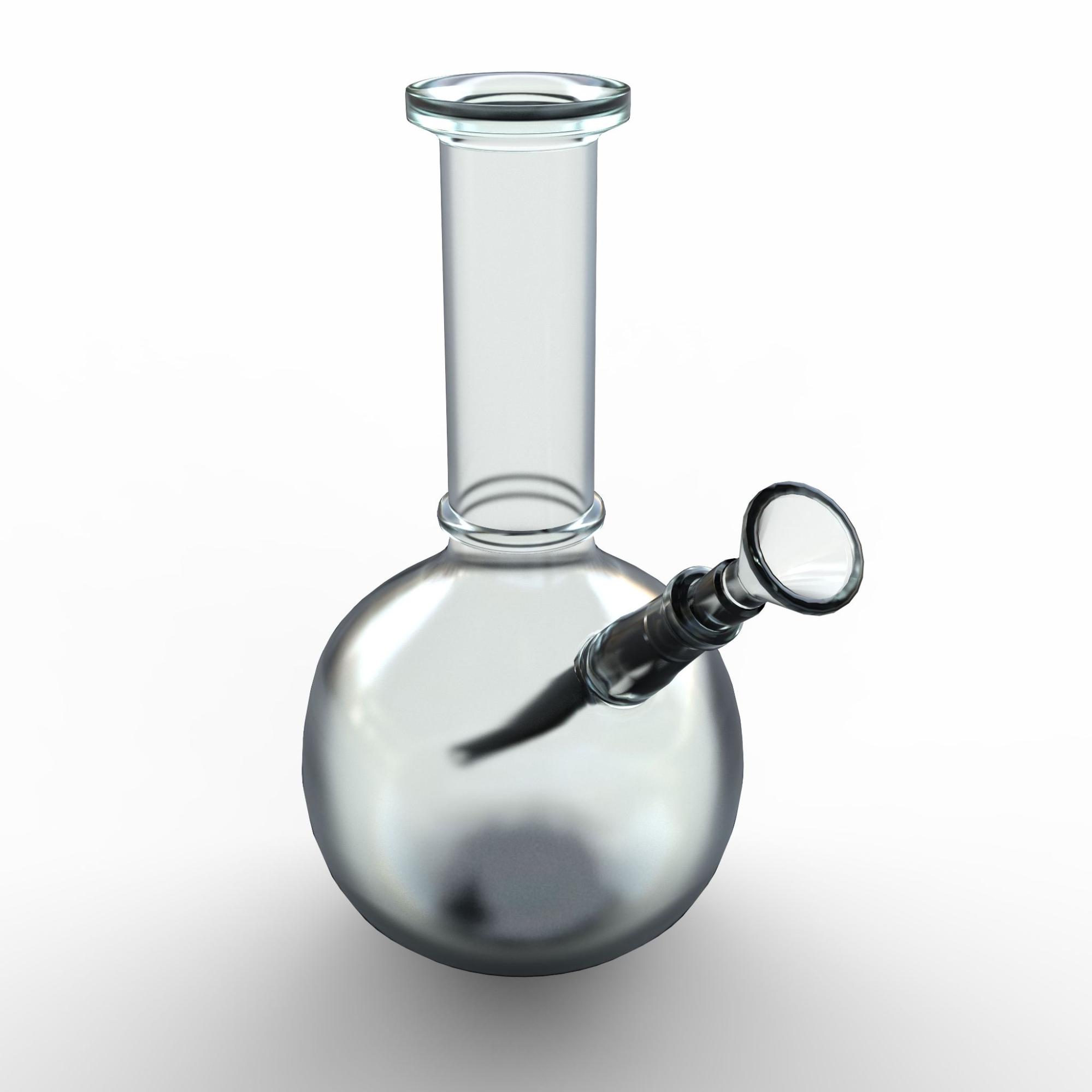 A close-up view of an isolated glass smoking bong on the white background.