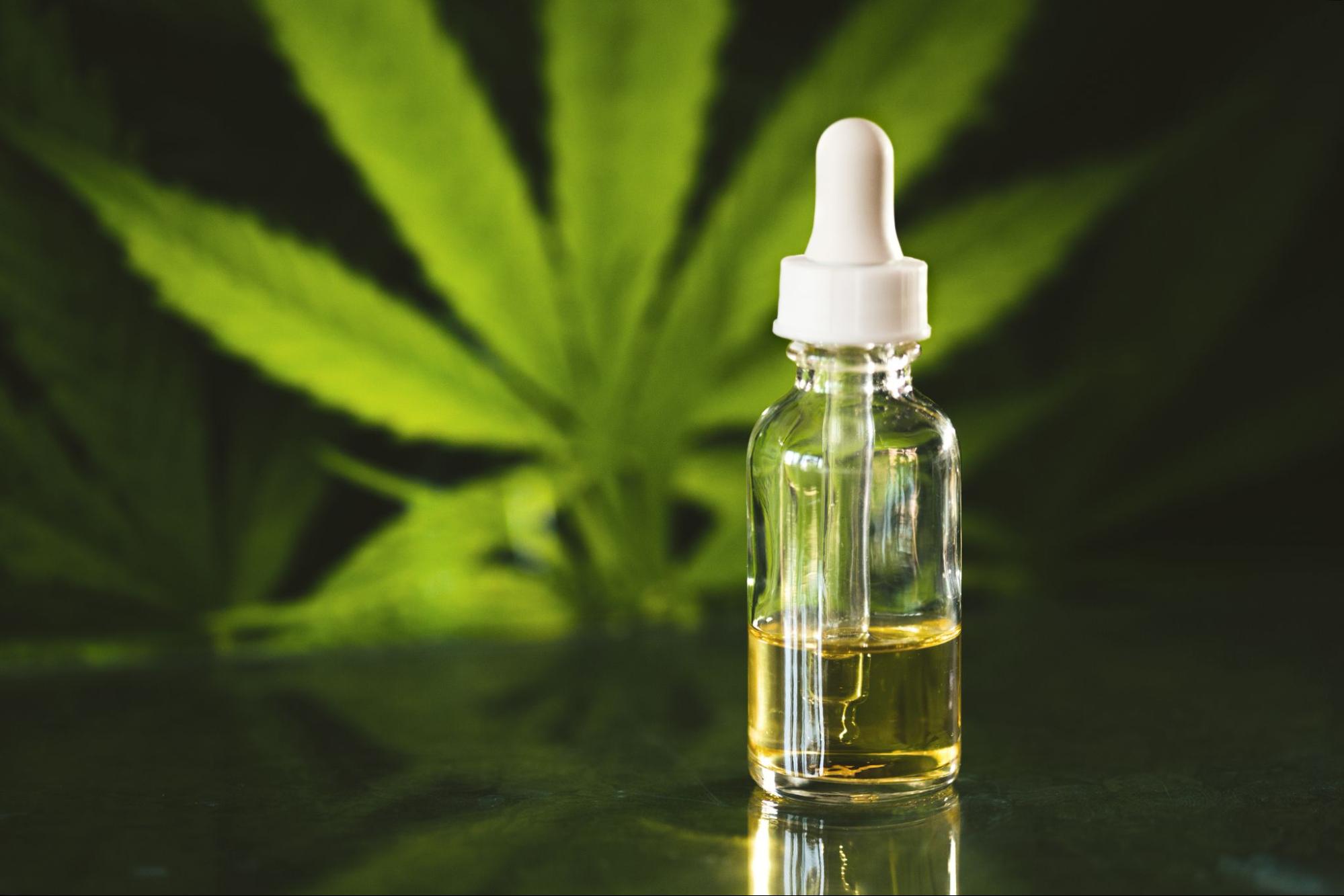 A bottle of CBD oil in a glass dropper bottle with a cannabis leaf in the background.