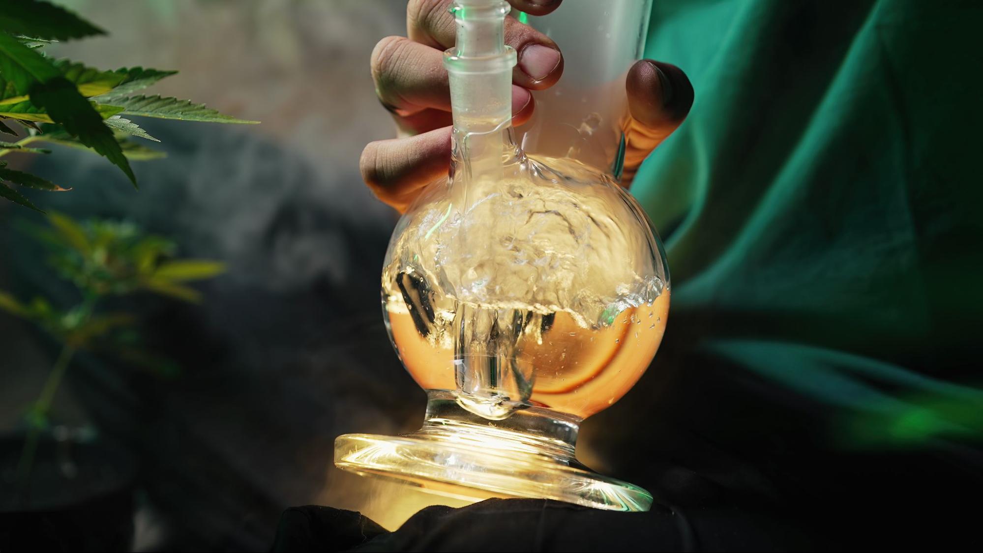 Person using a bong with marijuana leaves in the background. 