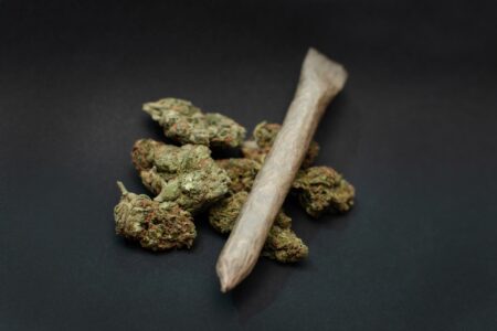 A marijuana blunt wrap filled with weed on top of whole buds against a black background.