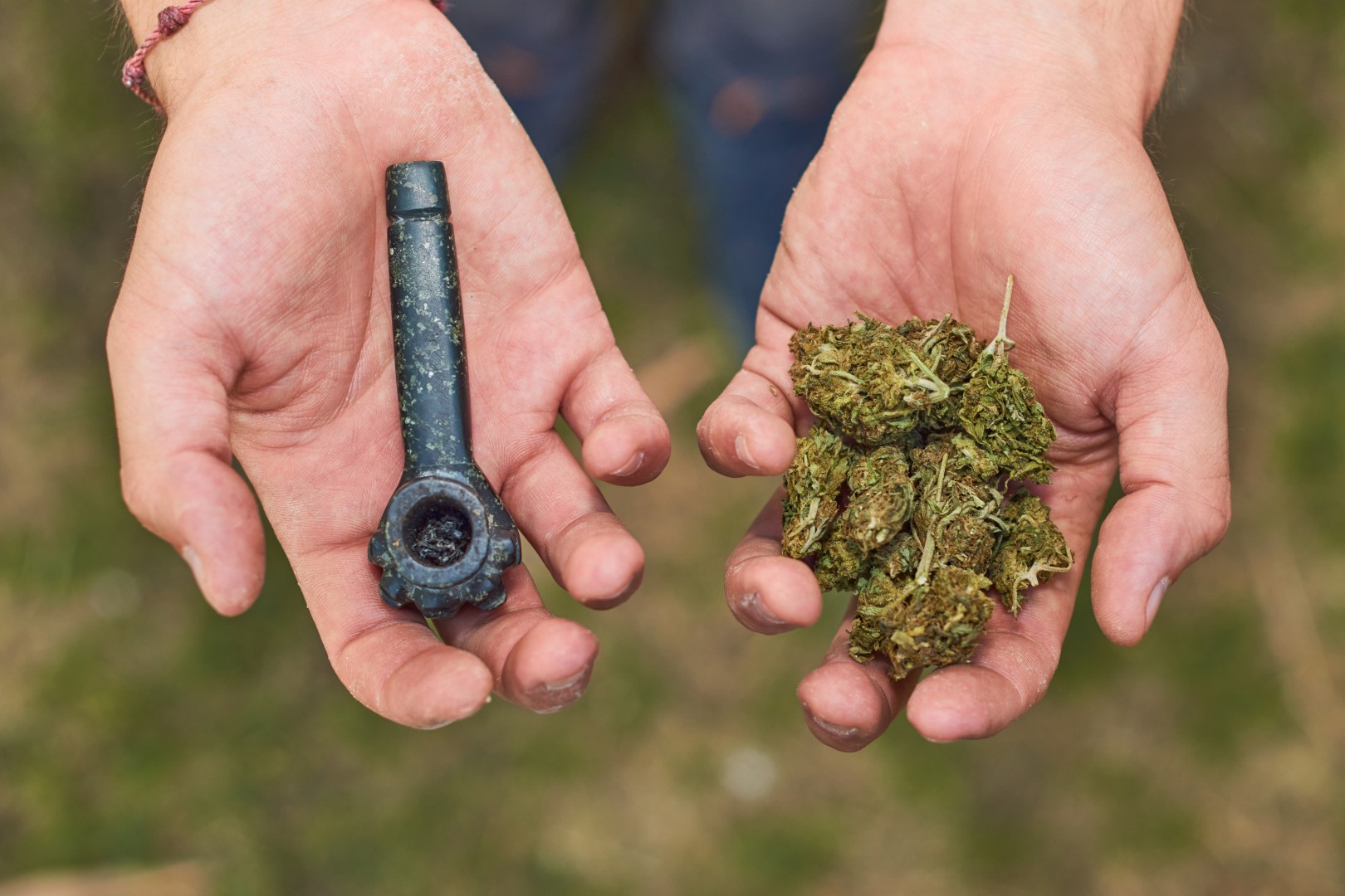 Cropped view of a man’s hands, one holding cannabis buds and the other holding a pipe.