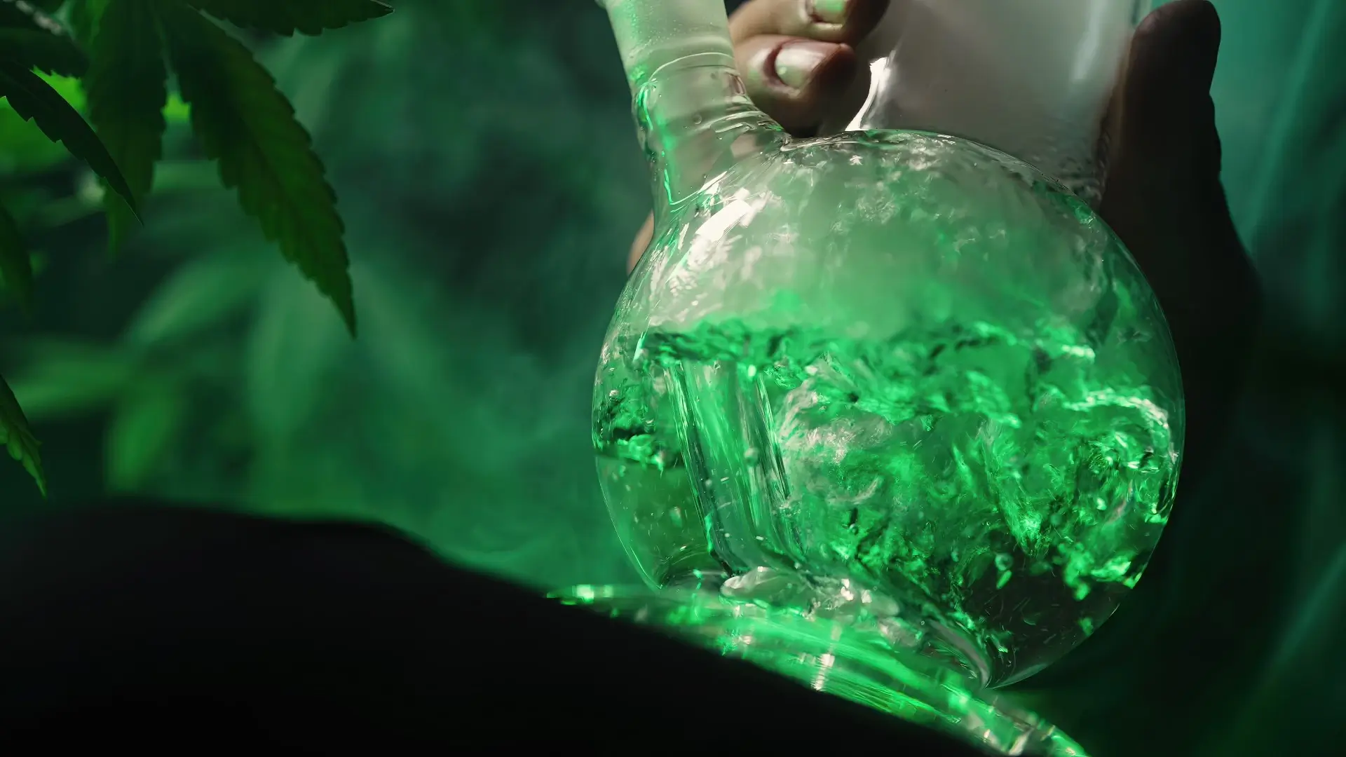 The base of a glass bong with a green light obscured in the background.