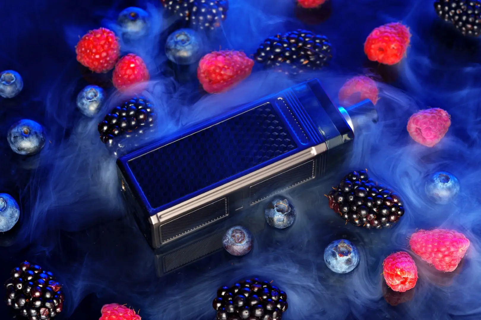 A vape box mod surrounded by fruit and smoke.